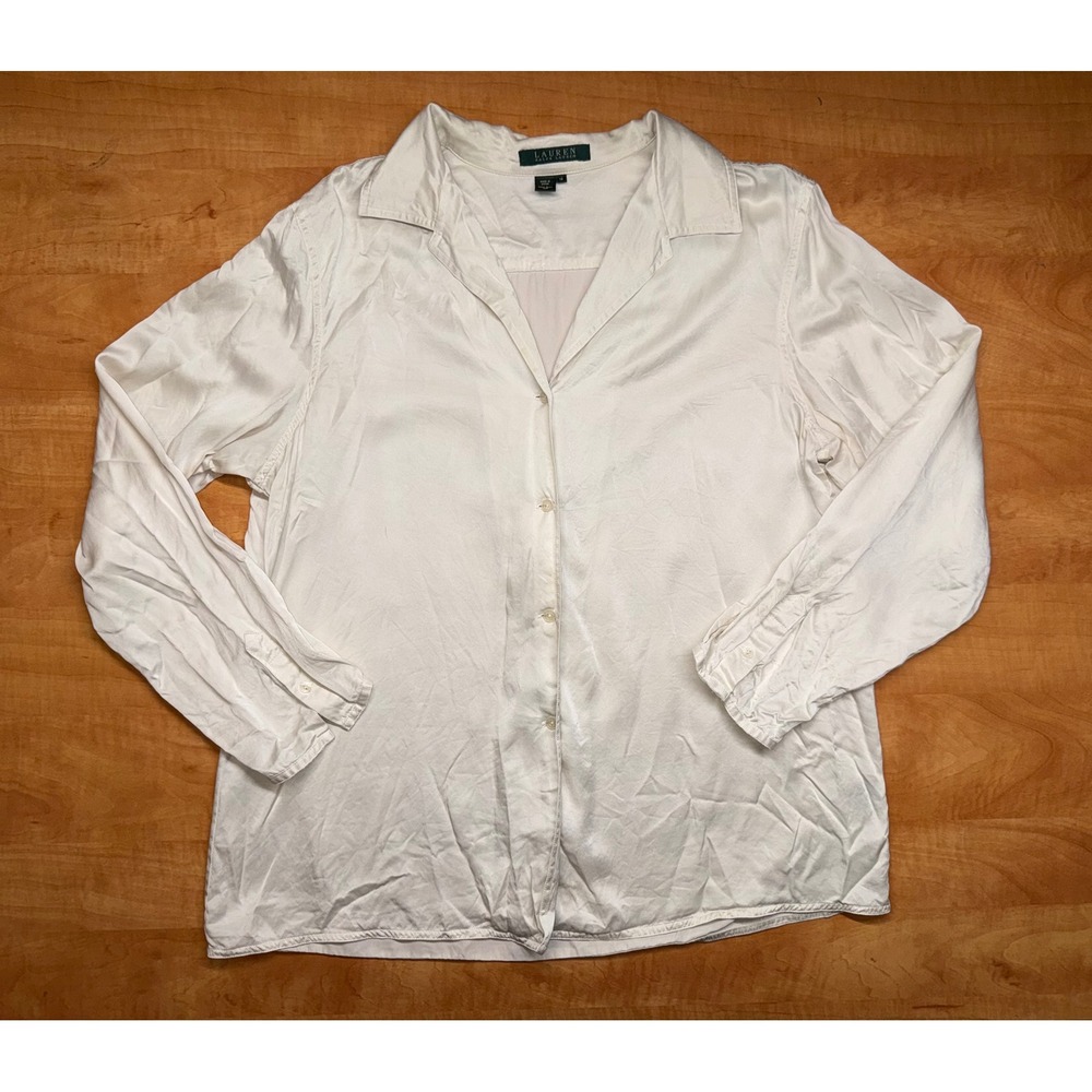 Lauren Ralph Lauren 100% Silk Button Down Blouse Cream Off-White Women‎ 14